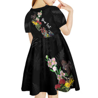 Kia Ora New Zealand Floral Personalized Kid Short Sleeve Dress Black LT7 - Polynesian Pride