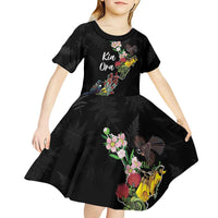 Kia Ora New Zealand Floral Personalized Kid Short Sleeve Dress Black LT7 - Polynesian Pride
