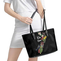 Kia Ora New Zealand Floral Leather Tote Bag Black - Polynesian Pride