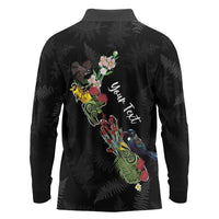 Kia Ora New Zealand Floral Personalized Long Sleeve Polo Shirt Black - Polynesian Pride