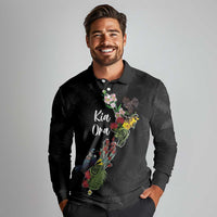 Kia Ora New Zealand Floral Personalized Long Sleeve Polo Shirt Black - Polynesian Pride