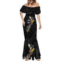 Kia Ora New Zealand Floral Personalized Mermaid Dress Black - Polynesian Pride