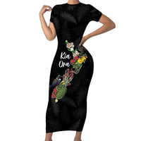 Kia Ora New Zealand Floral Personalized Short Sleeve Bodycon Dress Black - Polynesian Pride