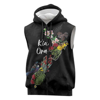 Kia Ora New Zealand Floral Personalized Sleeveless Zip Hoodie Black LT7 Black - Polynesian Pride