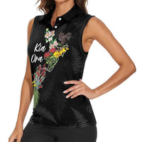 Kia Ora New Zealand Floral Personalized Women Sleeveless Polo Shirt Black - Polynesian Pride