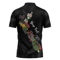 Kia Ora New Zealand Floral Personalized Zipper Polo Shirt Black - Polynesian Pride