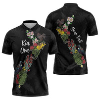 Kia Ora New Zealand Floral Personalized Zipper Polo Shirt Black - Polynesian Pride