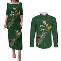 Kia Ora New Zealand Floral Personalized Couples Matching Puletasi and Long Sleeve Button Shirt Sage Green - Polynesian Pride