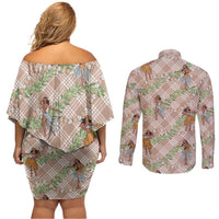 Beige Palaka Hula Girls Seamless Hawaii Aloha Couples Matching Off Shoulder Short Dress and Long Sleeve Button Shirt - Polynesian Pride