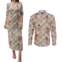 Beige Palaka Hula Girls Seamless Hawaii Aloha Couples Matching Puletasi and Long Sleeve Button Shirt LT7 Beige - Polynesian Pride