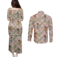 Beige Palaka Hula Girls Seamless Hawaii Aloha Couples Matching Puletasi and Long Sleeve Button Shirt LT7 - Polynesian Pride