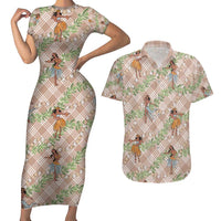 Beige Palaka Hula Girls Seamless Hawaii Aloha Couples Matching Short Sleeve Bodycon Dress and Hawaiian Shirt - Polynesian Pride