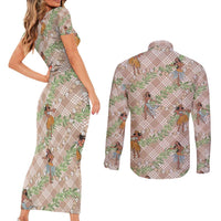 Beige Palaka Hula Girls Seamless Hawaii Aloha Couples Matching Short Sleeve Bodycon Dress and Long Sleeve Button Shirt LT7 - Polynesian Pride