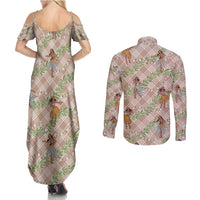 Beige Palaka Hula Girls Seamless Hawaii Aloha Couples Matching Summer Maxi Dress and Long Sleeve Button Shirt LT7 - Polynesian Pride
