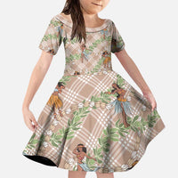 Beige Palaka Hula Girls Seamless Hawaii Aloha Family Matching Long Sleeve Bodycon Dress and Hawaiian Shirt LT7 Daughter's Dress Beige - Polynesian Pride