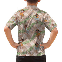 Beige Palaka Hula Girls Seamless Hawaii Aloha Family Matching Off The Shoulder Long Sleeve Dress and Hawaiian Shirt LT7 - Polynesian Pride