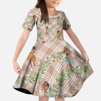 Beige Palaka Hula Girls Seamless Hawaii Aloha Family Matching Off Shoulder Maxi Dress and Hawaiian Shirt - Polynesian Pride