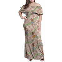 Beige Palaka Hula Girls Seamless Hawaii Aloha Family Matching Off Shoulder Maxi Dress and Hawaiian Shirt - Polynesian Pride