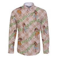 Beige Palaka Hula Girls Seamless Hawaii Aloha Family Matching Puletasi and Hawaiian Shirt LT7 Dad's Shirt - Long Sleeve Beige - Polynesian Pride