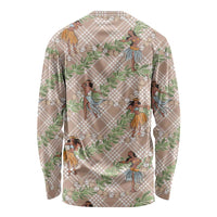 Beige Palaka Hula Girls Seamless Hawaii Aloha Long Sleeve Shirt LT7 - Polynesian Pride