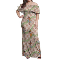 Beige Palaka Hula Girls Seamless Hawaii Aloha Off Shoulder Maxi Dress - Polynesian Pride