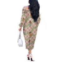 Beige Palaka Hula Girls Seamless Hawaii Aloha Off The Shoulder Long Sleeve Dress - Polynesian Pride