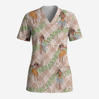 Beige Palaka Hula Girls Seamless Hawaii Aloha Scrub Top - Polynesian Pride