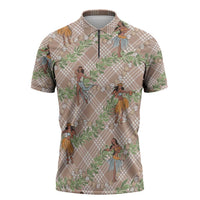 Beige Palaka Hula Girls Seamless Hawaii Aloha Zipper Polo Shirt - Polynesian Pride