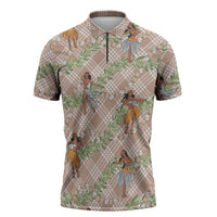 Beige Palaka Hula Girls Seamless Hawaii Aloha Zipper Polo Shirt LT7 Beige - Polynesian Pride