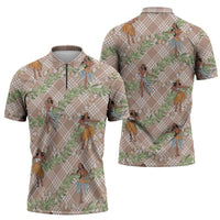 Beige Palaka Hula Girls Seamless Hawaii Aloha Zipper Polo Shirt LT7 - Polynesian Pride