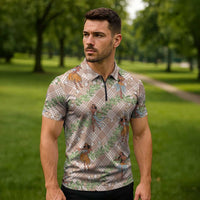 Beige Palaka Hula Girls Seamless Hawaii Aloha Zipper Polo Shirt LT7 - Polynesian Pride