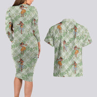 Mint Palaka Hula Girls Seamless Hawaii Aloha Couples Matching Long Sleeve Bodycon Dress and Hawaiian Shirt - Polynesian Pride