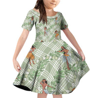 Mint Palaka Hula Girls Seamless Hawaii Aloha Family Matching Off Shoulder Short Dress and Hawaiian Shirt - Polynesian Pride