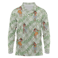 Mint Palaka Hula Girls Seamless Hawaii Aloha Long Sleeve Polo Shirt - Polynesian Pride