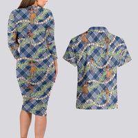 Navy Blue Palaka Hula Girls Seamless Hawaii Aloha Couples Matching Long Sleeve Bodycon Dress and Hawaiian Shirt - Polynesian Pride