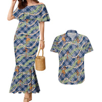 Navy Blue Palaka Hula Girls Seamless Hawaii Aloha Couples Matching Mermaid Dress and Hawaiian Shirt - Polynesian Pride