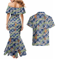 Navy Blue Palaka Hula Girls Seamless Hawaii Aloha Couples Matching Mermaid Dress and Hawaiian Shirt - Polynesian Pride