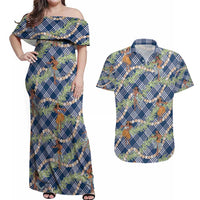 Navy Blue Palaka Hula Girls Seamless Hawaii Aloha Couples Matching Off Shoulder Maxi Dress and Hawaiian Shirt LT7 Navy Blue - Polynesian Pride