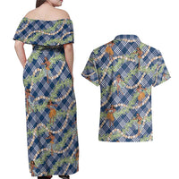 Navy Blue Palaka Hula Girls Seamless Hawaii Aloha Couples Matching Off Shoulder Maxi Dress and Hawaiian Shirt LT7 - Polynesian Pride