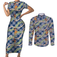Navy Blue Palaka Hula Girls Seamless Hawaii Aloha Couples Matching Short Sleeve Bodycon Dress and Long Sleeve Button Shirt LT7 Navy Blue - Polynesian Pride