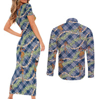 Navy Blue Palaka Hula Girls Seamless Hawaii Aloha Couples Matching Short Sleeve Bodycon Dress and Long Sleeve Button Shirt LT7 - Polynesian Pride