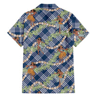Navy Blue Palaka Hula Girls Seamless Hawaii Aloha Family Matching Off The Shoulder Long Sleeve Dress and Hawaiian Shirt LT7 - Polynesian Pride