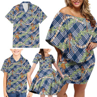 Navy Blue Palaka Hula Girls Seamless Hawaii Aloha Family Matching Off Shoulder Short Dress and Hawaiian Shirt - Polynesian Pride