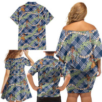 Navy Blue Palaka Hula Girls Seamless Hawaii Aloha Family Matching Off Shoulder Short Dress and Hawaiian Shirt - Polynesian Pride