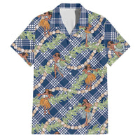 Navy Blue Palaka Hula Girls Seamless Hawaii Aloha Family Matching Off Shoulder Short Dress and Hawaiian Shirt LT7 Dad's Shirt - Short Sleeve Navy Blue - Polynesian Pride