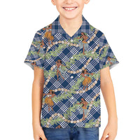 Navy Blue Palaka Hula Girls Seamless Hawaii Aloha Family Matching Off Shoulder Short Dress and Hawaiian Shirt - Polynesian Pride