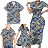 Navy Blue Palaka Hula Girls Seamless Hawaii Aloha Family Matching Short Sleeve Bodycon Dress and Hawaiian Shirt - Polynesian Pride