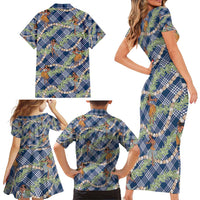 Navy Blue Palaka Hula Girls Seamless Hawaii Aloha Family Matching Short Sleeve Bodycon Dress and Hawaiian Shirt LT7 - Polynesian Pride