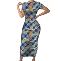 Navy Blue Palaka Hula Girls Seamless Hawaii Aloha Short Sleeve Bodycon Dress LT7 Long Dress Navy Blue - Polynesian Pride