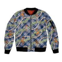 Navy Blue Palaka Hula Girls Seamless Hawaii Aloha Sleeve Zip Bomber Jacket - Polynesian Pride